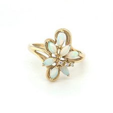9ct Yellow Gold Organic Opal & Diamond Flower Ring |  Size R | 3.0g