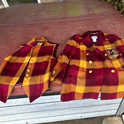 MONDI Women s Burgundy/Yellow Plaid Wool 2pc Suit Jacket IT 38 HTF made Poland