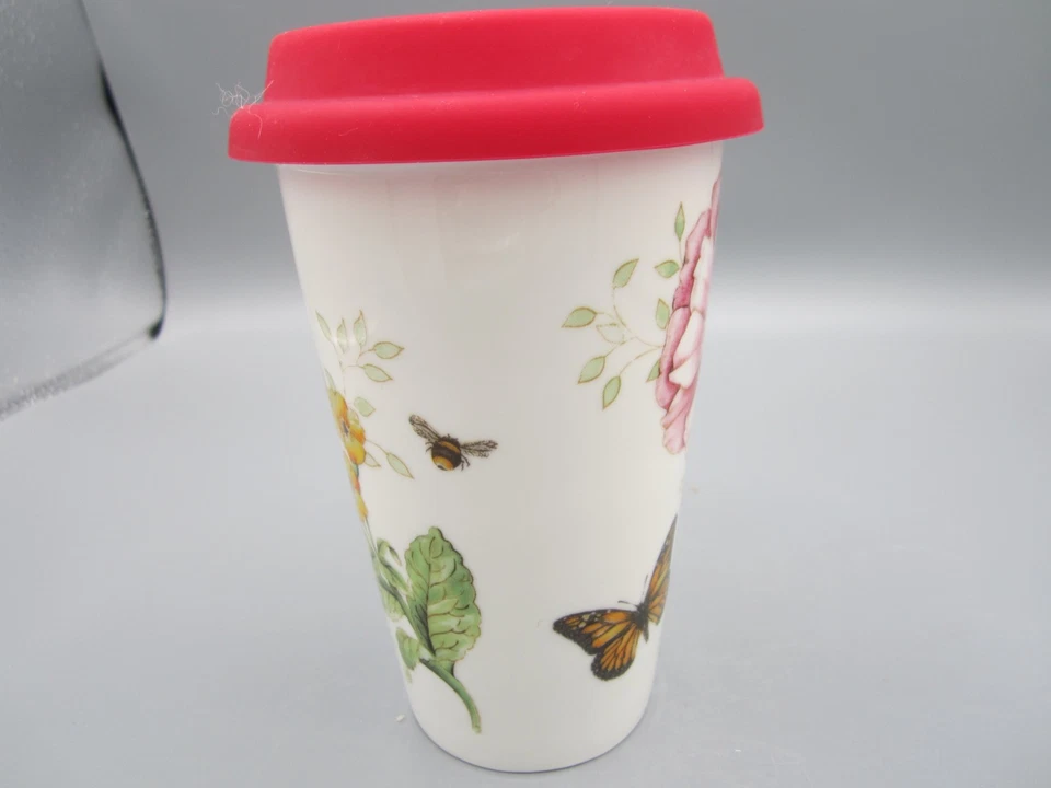 Taza de viaje Lenox Butterfly Meadow blanca multicolor floral porcelana 12 oz (282) Foto 4 de 4