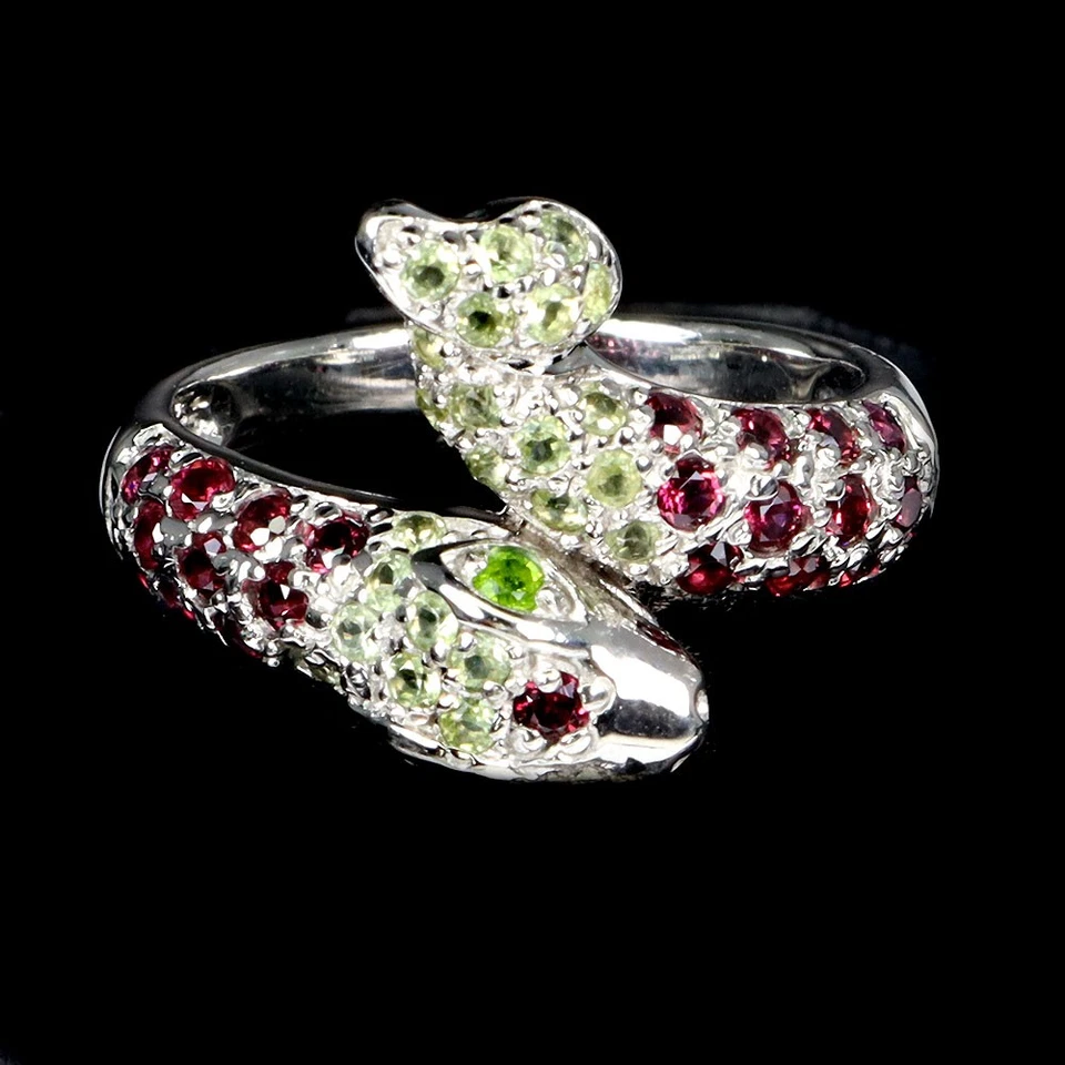 925 纯银戒指 圆形 Peridot Rhodolite 天然宝石首饰 尺寸 8 — 第 2/4 张图片