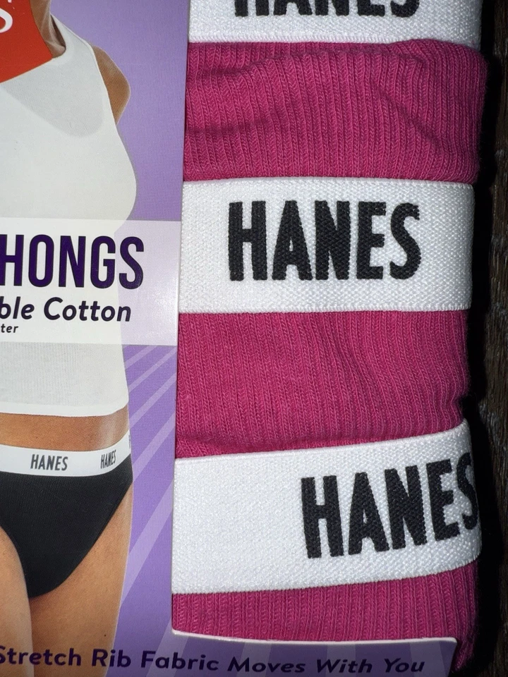 Hanes ~ 3-Pair Womens Thong Underwear Cotton Blend Pink Ribbed  ~ S/5 - Image 2 of 3