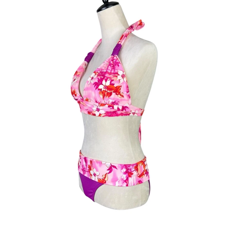 Traje de baño Ujena 84 L/M rosa púrpura hawaiano tropical floral corbata 2 piezas Foto 2 de 4