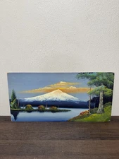 Vintage Oil Painting Lake Mountain Landscape Signed W/Trees 12x24” Signed