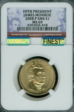 2008 P JAMES MONROE PRES. DOLLAR NGC MS69 SMS  MAC FINEST & SPOTLESS POP-8 .