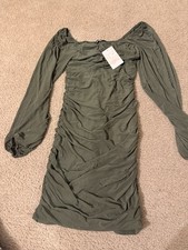 NWT Green Ruched Midi Dress Bodycon Off The Shoulder Long Sleeve Size Small