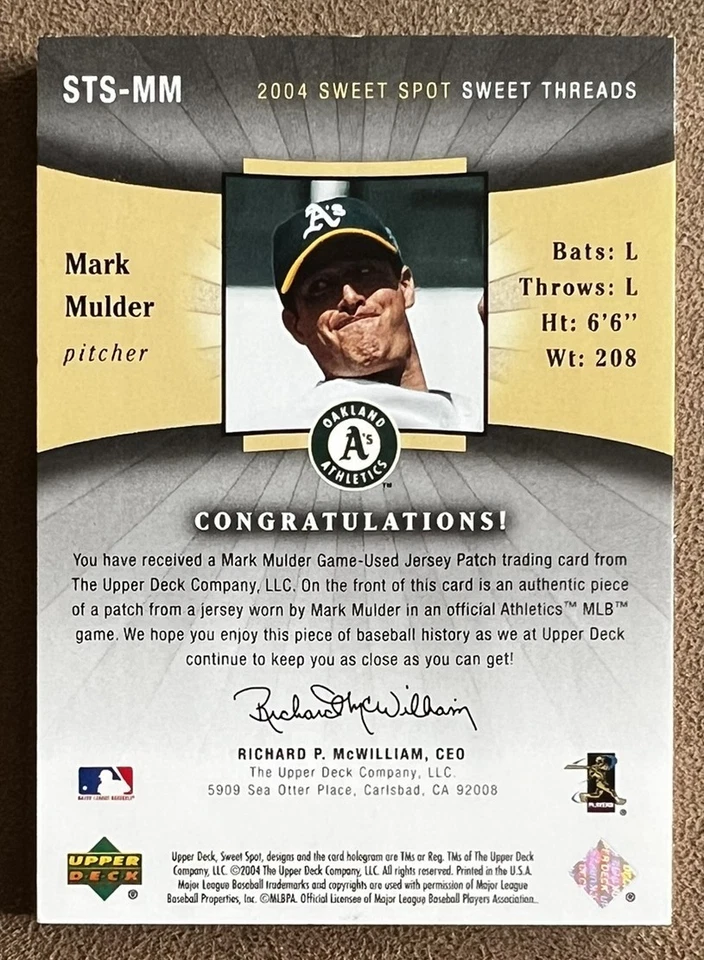 2004 Upper Deck Sweet Spot Threads Patch /85 Mark Mulder #STS-MM Athletics Relic - Image 4 of 4