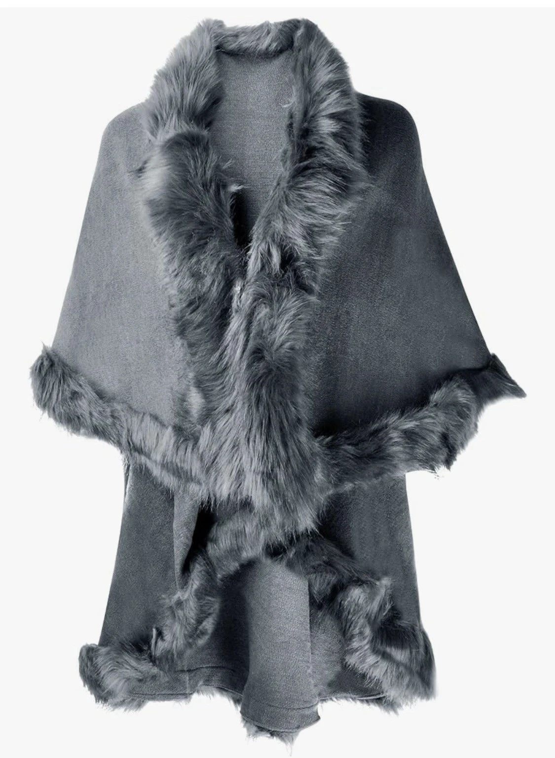 ZLYC Women Fine Knit Open Faux Fur Trim Layers Poncho Cape Cardigan Sweater