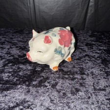 Bank Piggy Japan Fat Chubby Hand Painted Pig Porcelain 5” X 3” X 3” Vtg