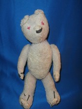 VINTAGE ANTIQUE 13' JOINTED BALD MOHAIR TEDDY BEAR "WELL LOVED" TATTERED