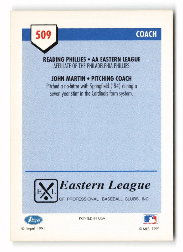 1991 Line Drive AA #509 John Martin Reading Phillies - Image 2 of 2