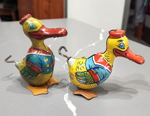 (2) Vintage 1930s & 1940s J. Chein SAILOR DUCKS Tin Litho Wind-Up Toys - Working