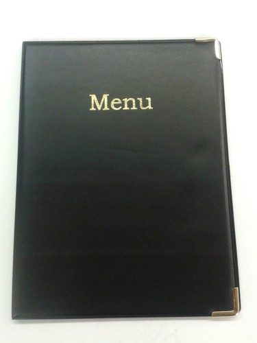 QTY 10 A5 MENU FOLDERS IN BLACK LEATHER LOOK PVC WITH GUILT CORNERS + 4 ...