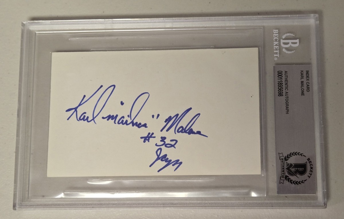Karl Mailman Malone Signed 3x5 Index Card Beckett Encapsulated NBA