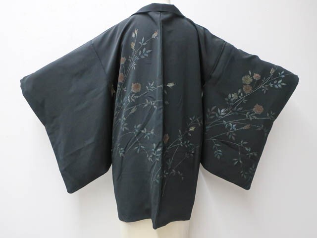 Japanese Black Haori Jacket-Kimono Silk flower pattern 70y EB-294