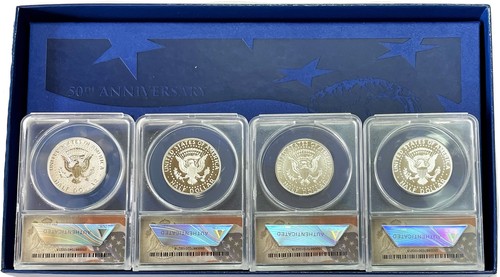 2014 SILVER 4 COIN KENNEDY 50th ANNIV HALF DOLLAR HIGH RELIEF SET BOX ANACS 70 - Picture 2 of 3