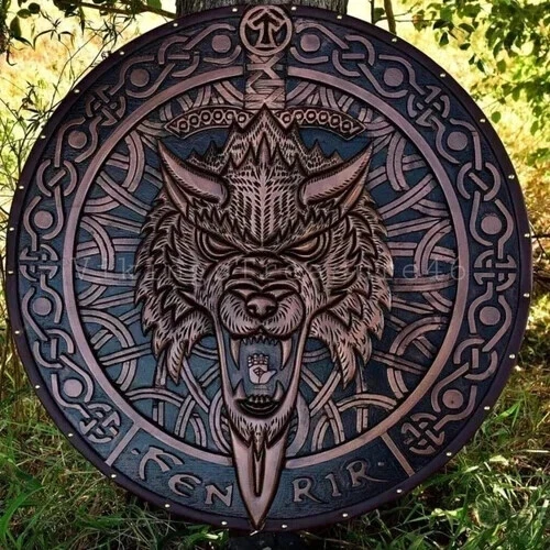24'' Fenrir Wolf Carved Wooden Viking Shield Battle-Worn Shield Wall Décor - Image 4 of 4