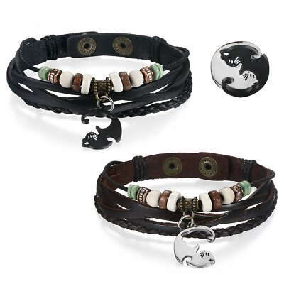 2pcs Men Women Puzzel Cat Braided leather Couple Bracelet Cuff Bangle  Wristband
