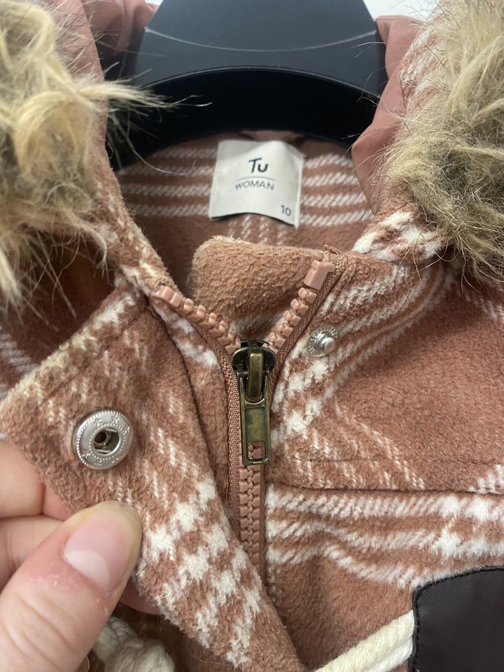 Tu Sainsburys Checkered Pattern Pink Salmon Coat with Faux Fur Hood eBay