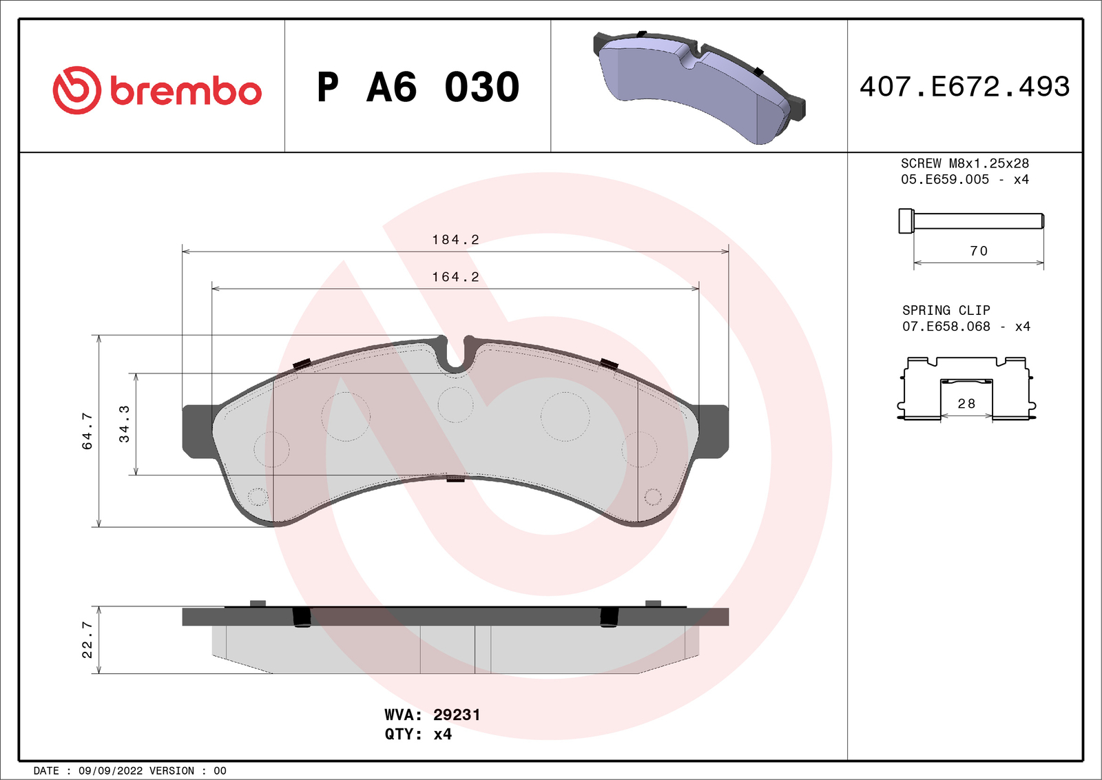 Rear BREMBO P A6 030 Brake Pad Set, disc brake for IRISBUS,IVECO