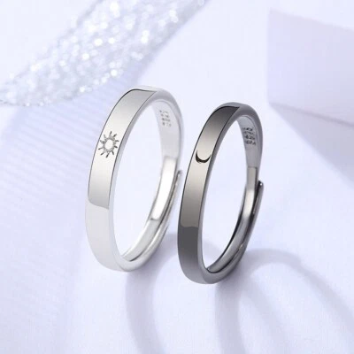 925 Silber Plattiert Paar Liebe Mond Sonne Schwarzer Bling Ring Geschenk - Bild 1 von 4