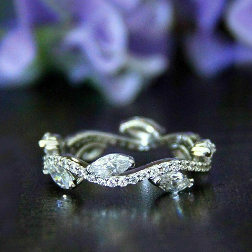 1Ct Marquise Cut Simulated Full Eternity Wedding Band 14k White Gold Plated Ring - Picture 2 of 7