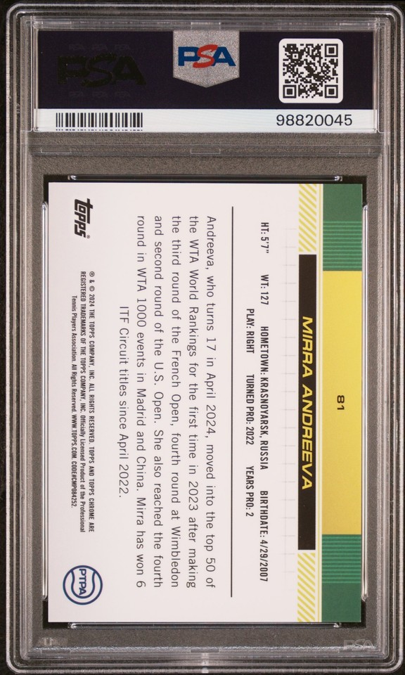 2024 TOPPS CHROME SAPPHIRE TENNIS PURPLE 81 MIRRA ANDREEVA 4/10 PSA 9