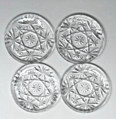 VINTAGE ANCHOR HOCKING 4 PRESCUT GLASS 4.25'' STAR FAN DESIGN COASTERS OR PLATES