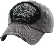 Native American Brave Soul Skull Vintage Distressed Cap Gray Hat by KB Ethos