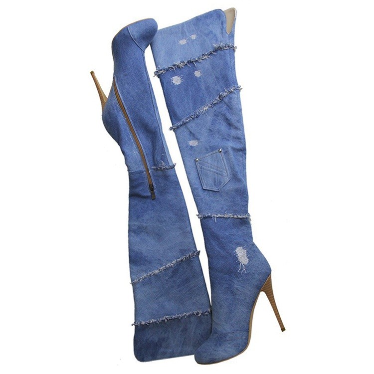 Denim Stiletto Heel Over The Knee Boots With Zipper main image 1