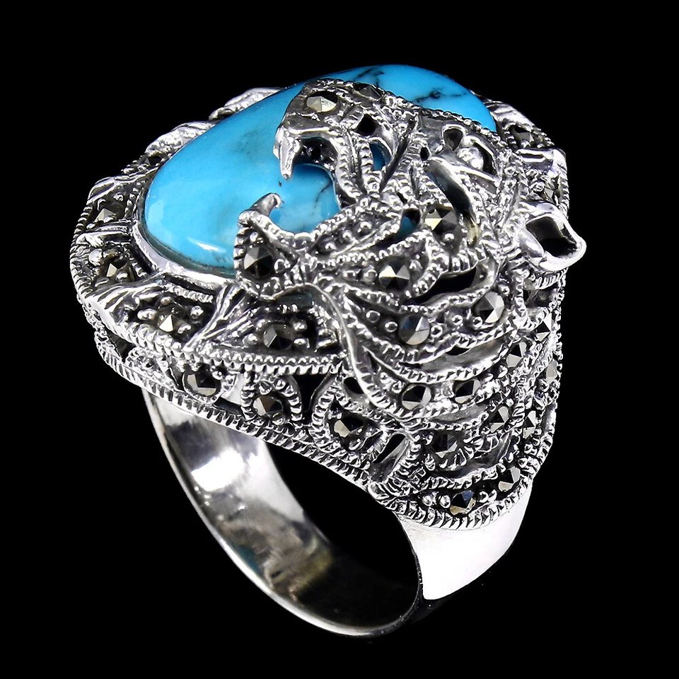 925 Sterling Silver Stabilized Oval Blue Turquoise 18x13mm Marcasite Tiger Ring - Image 2 of 4