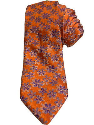 Bugatchi Designer Tie 100% Seta/Seda Silk Made In Italy Orange Purple Floral 63