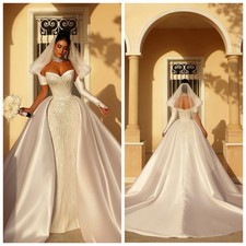 Detachable Satin Train Wedding Dress Beaded Dreamy Sweetheart Neck Bridal Gown