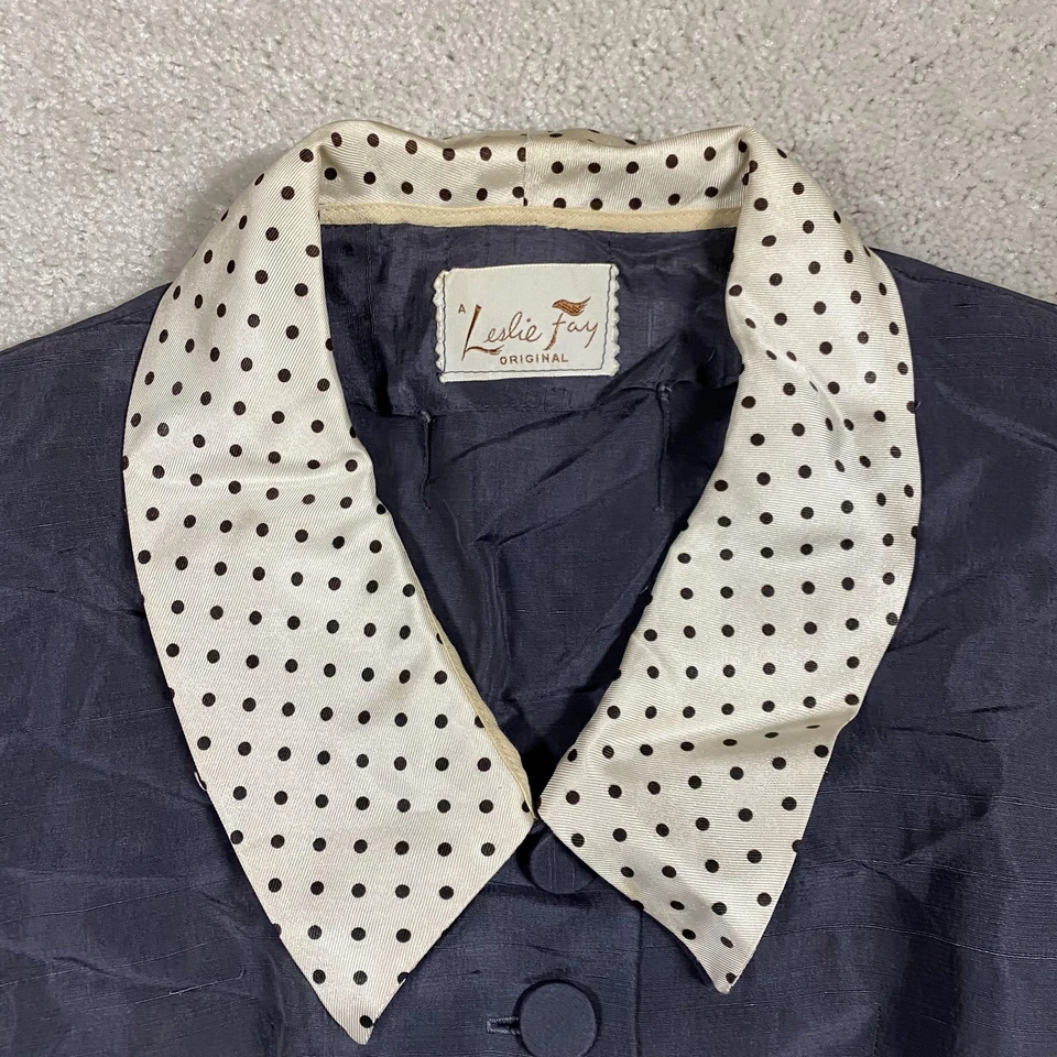 Vintage Leslie Fay Dress Womens S Navy Polka Dot Collar Pockets 50s 60s - Image 2 of 4