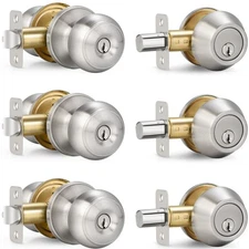 3 Sets Entry Door Knob and Single Cylinder Deadbolt Combo Keyed Alike Round Ball