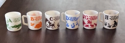 Vintage Hazel Atlas Childrens Alphabet Milk Glass Cup Mug FULL SET Rare