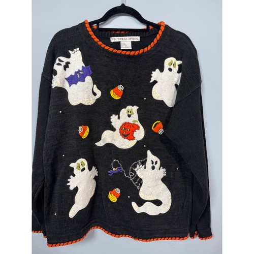 Vintage Victoria Jones Damen L Halloween schwarz Pullover Geister Applikationen Zuckermais - Bild 11 von 14