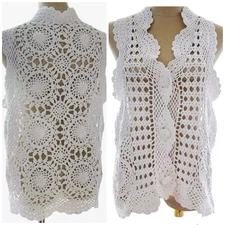 Vtg Crochet Granny Sweater Vest Cardigan Boho Cottagecore Button Women Medium