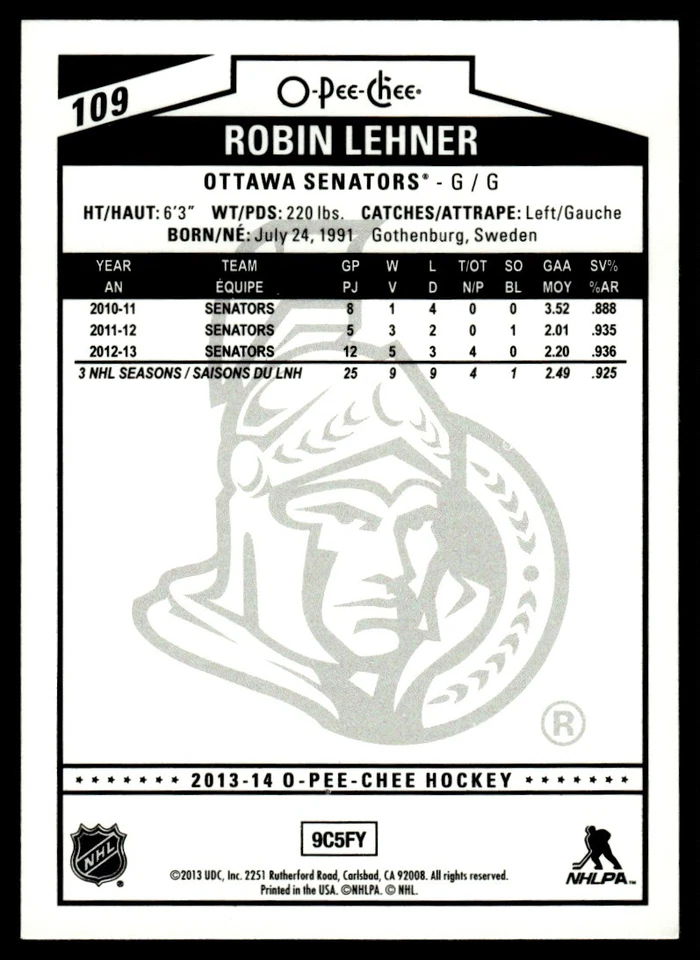 2013-14 O-Pee-Chee Rainbow Robin Lehner Ottawa Senators #109 - Image 2 of 2