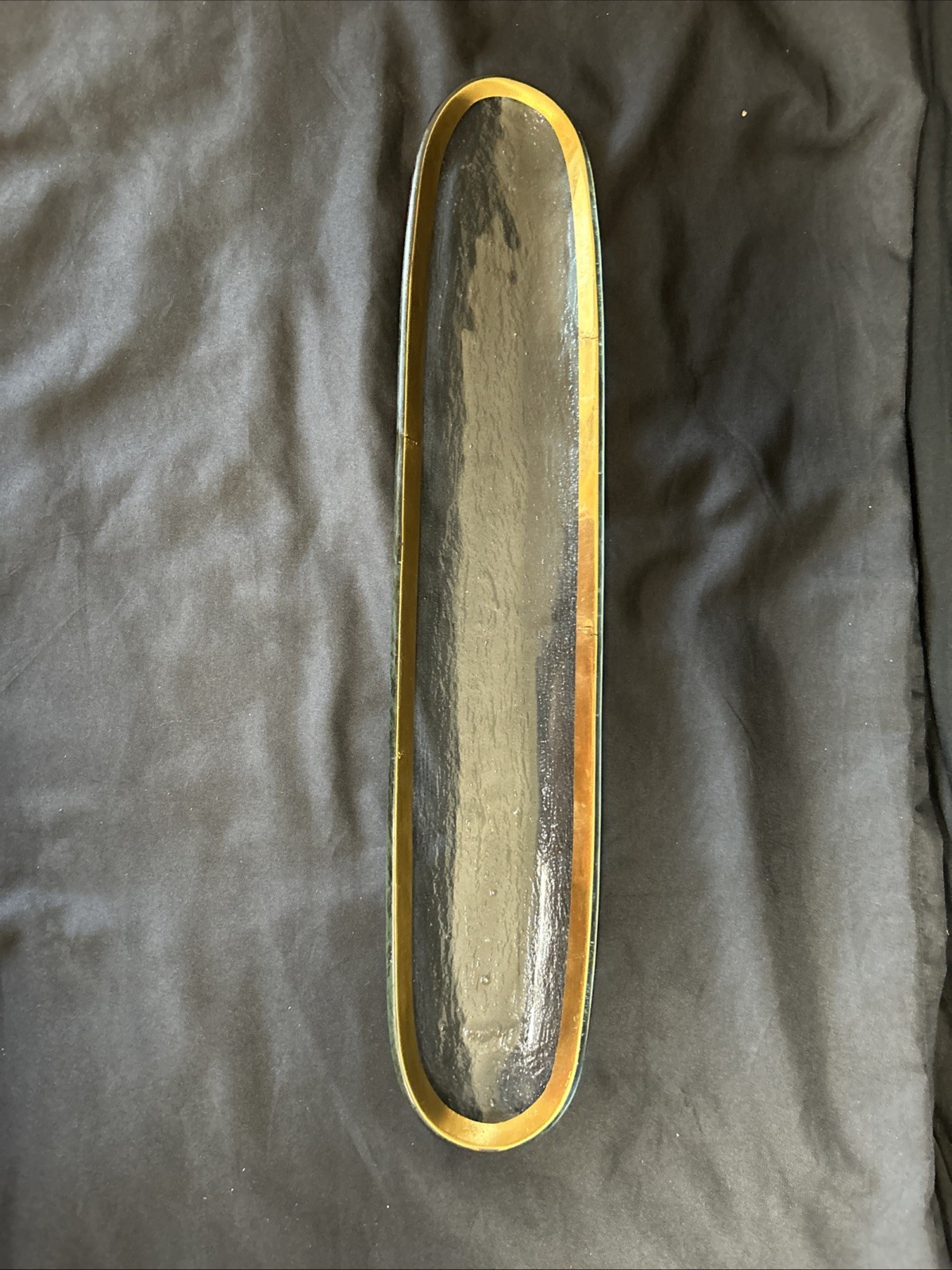 vintage SIGNED  ANNIE GLASS 16.5"x 3.5" ROMAN ANTIQUE GOLD RIM SERVING PLATTER