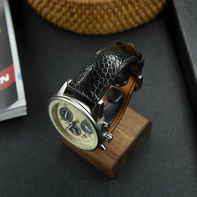 Real Hand-stitched Black Ostrich Leather Watch Band Custom Watch Strap Buckle