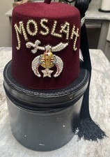Shrine Fez Hat - Hand-Embroidered 7 1/8 size With Case