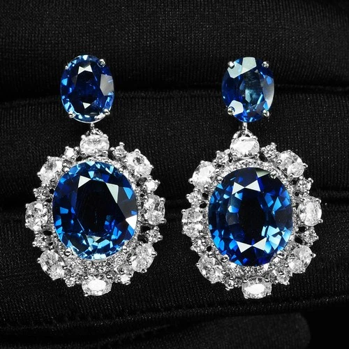 Luxurious Royal Blue Sapphire 25.17Ct 925 Sterling Silver White Gold Earrings