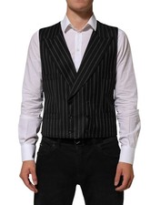 Dolce & Gabbana Black Stripes Wool Dress Men Waistcoat Men's Vest Authentic