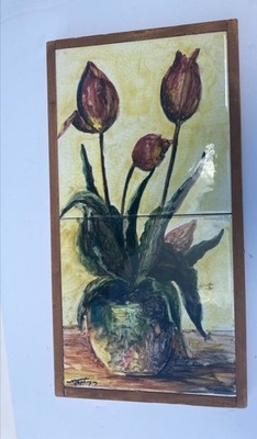 Mid Century Modern Studio Pottery Tile Pair Still Life Illegibly Signed
