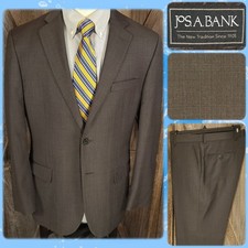 Jos A Bank Suit 41R Coat 35x32 Pants Tailored Fit Brown Plaid Modern Mint 