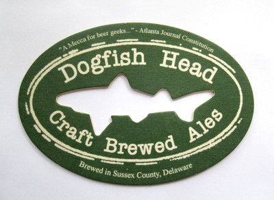 Dogfish Head Craft Brewed Ales Beer Coaster Vintage Green Oval Die Cut Shark DE