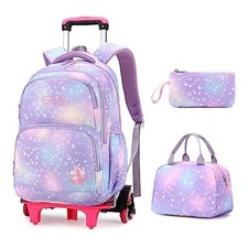3Pcs Rolling Backpack for Girls Dream 3 Pcs 6 wheels 3 Pcs Purple-6 Wheels