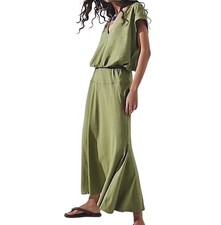 FREE PEOPLE BEACH Marlow Midi Dress Women's Size L Cotton Hemp V-Neck Green Boho