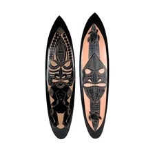 Set of 2 Surfboards – Tiki Mask Design, 39" Wood Wall Art, Tropical Decor