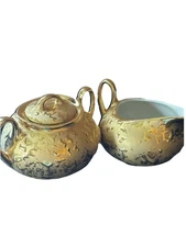 Vtg 22K Gold Hand Painted Weeping Sugar & Creamer Set Ceramic Glitz Bling Fancy
